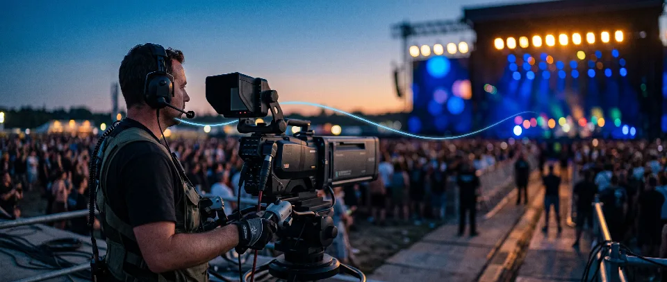 A camera operator with an intercom headset at an evening concert