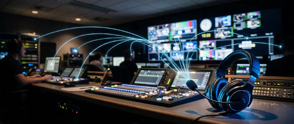 A headset on the director’s desk in front of the monitor wall