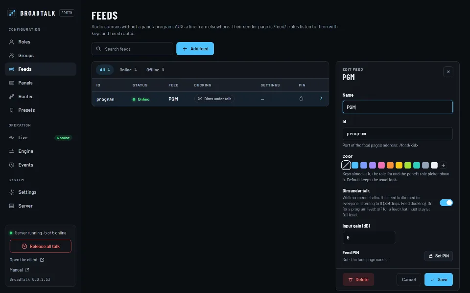 The admin’s Feeds page with the PGM feed’s settings