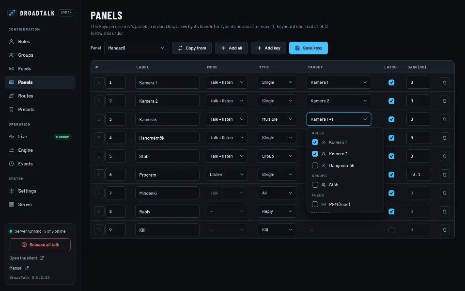 A Panels oldal: a rendező gombjai