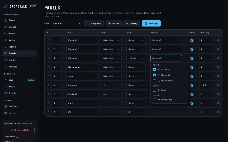 A Panels oldal: a rendező gombjai