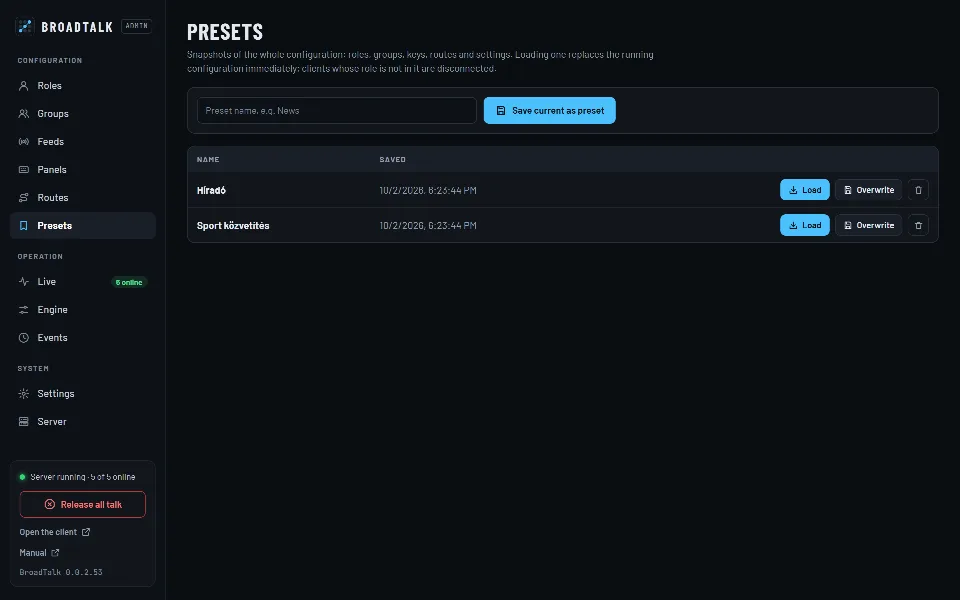 A Presets oldal két mentett beállítással