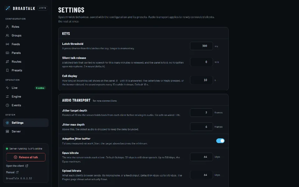 The Settings page: keys and audio transport